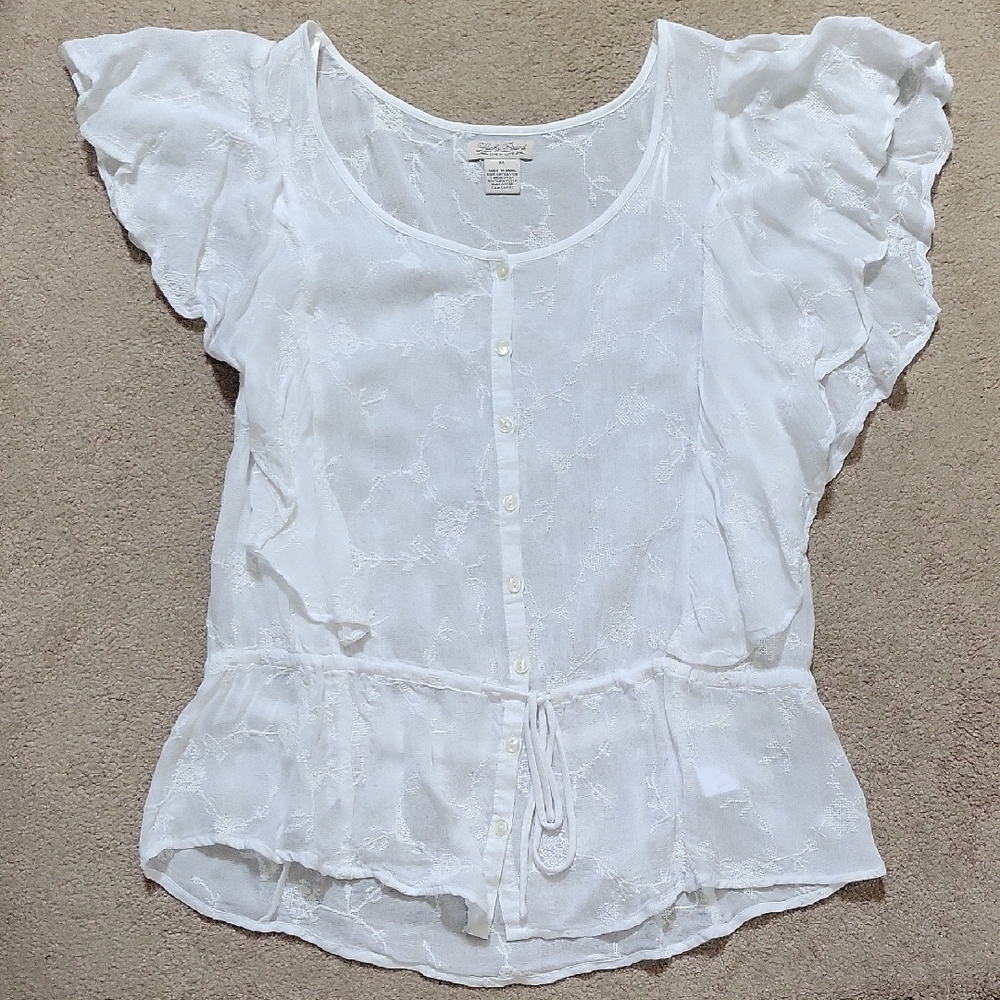 Lucky Brand Cream Lace Blouse with Flutter Sleeves Delicate Embroidery